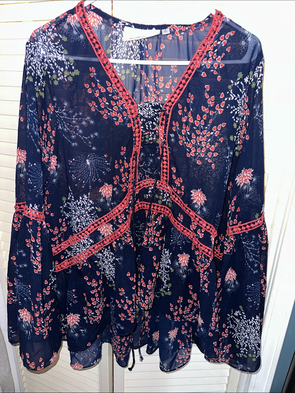 Navy Floral Lace-Up Peasant Blouse with Red Trim